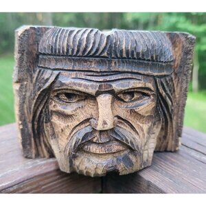 Carved Wood Native American Indian Man Smoking Ashtray Folk Art 3" Tall Vintage